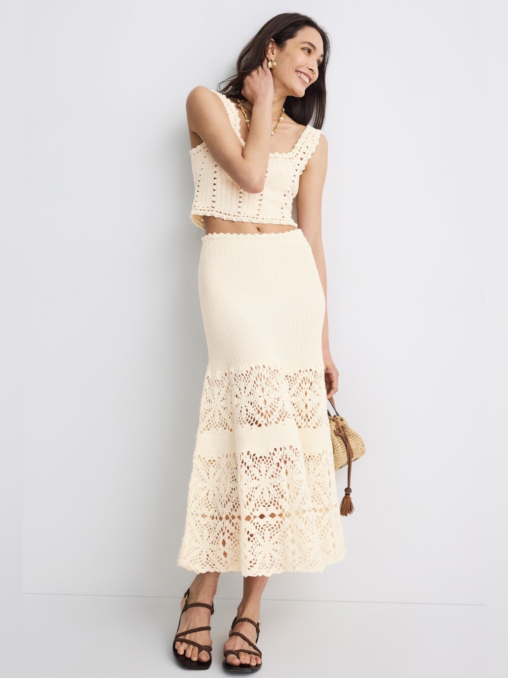 White Crochet Tiered Maxi Skirt